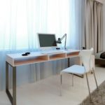 Idea of working area at bedroom. White table and chair with metal props near the window. The simplicity and elegance. 3D render