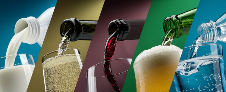 Pouring drinks into glasses photo collection: milk, white wine, red wine, beer and water